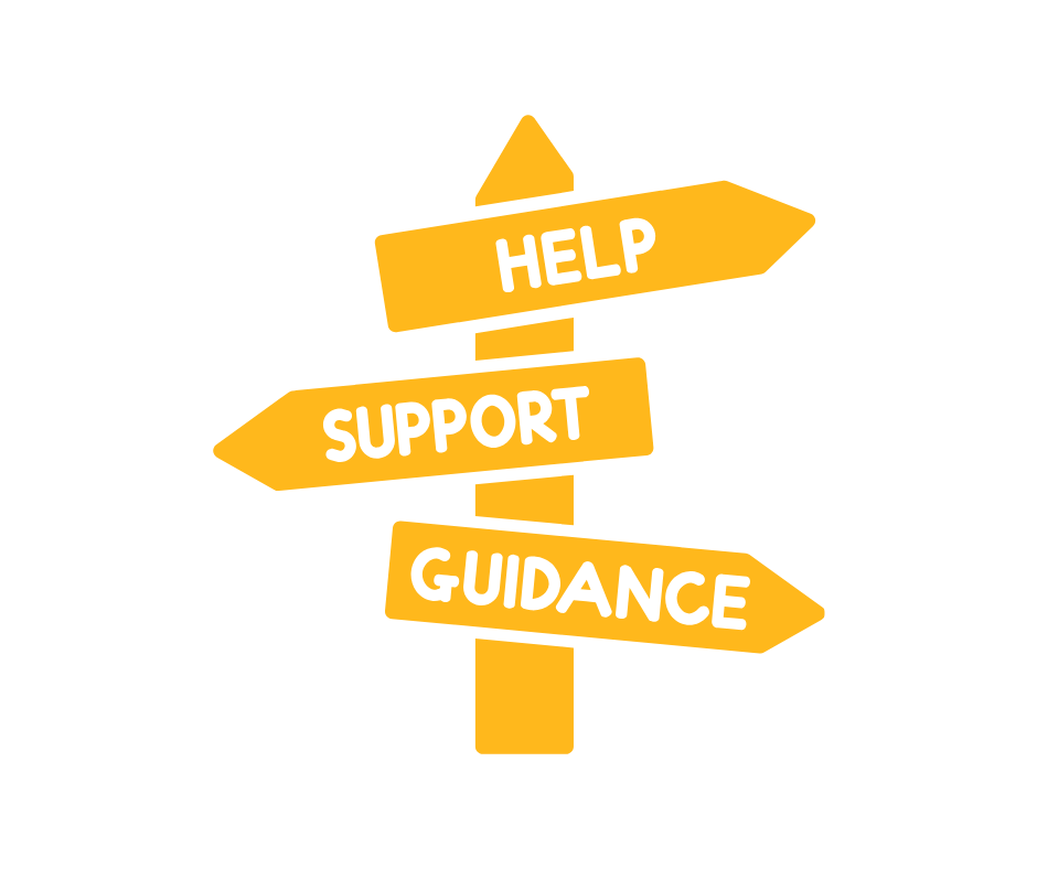 Signposts with help, support and guidance wrote on them