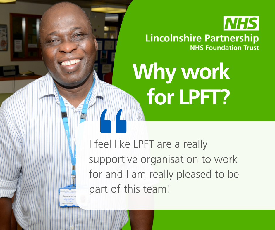 staff member smiling against green background with quote highlighting that LPFT is a supportive organisation.