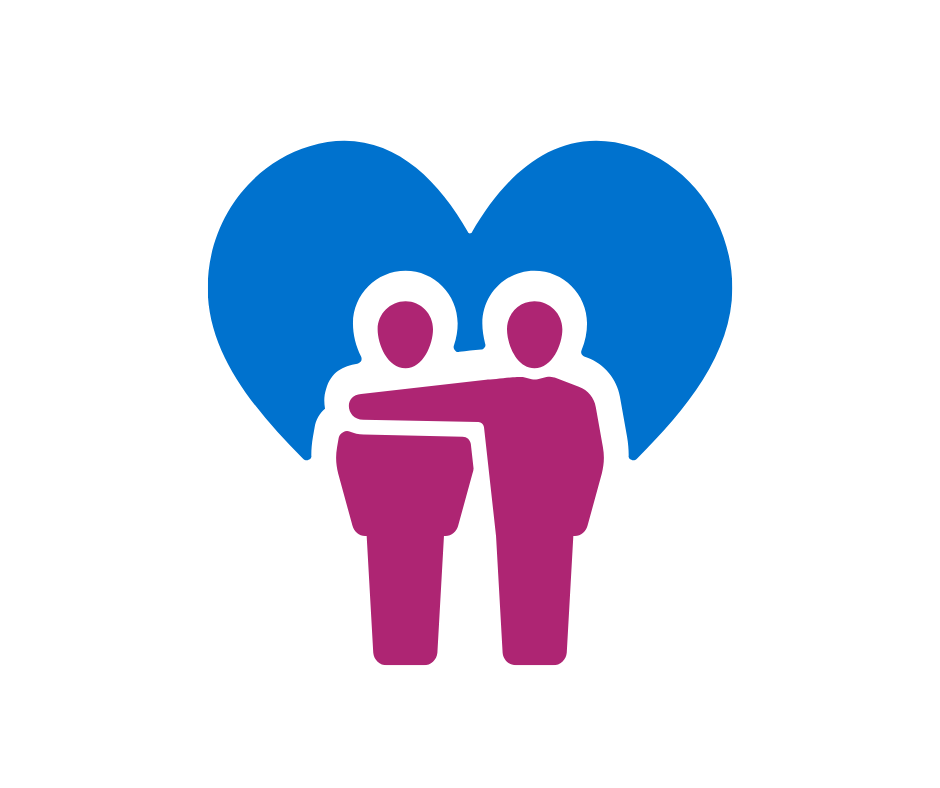 Two people holding each other under a heart.
