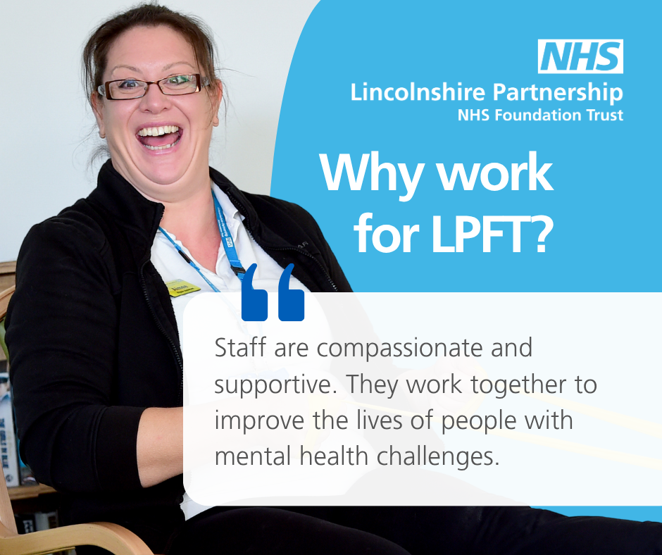 staff member laughing against blue background, with quote highlighting that LPFT staff are compassionate and supportive.