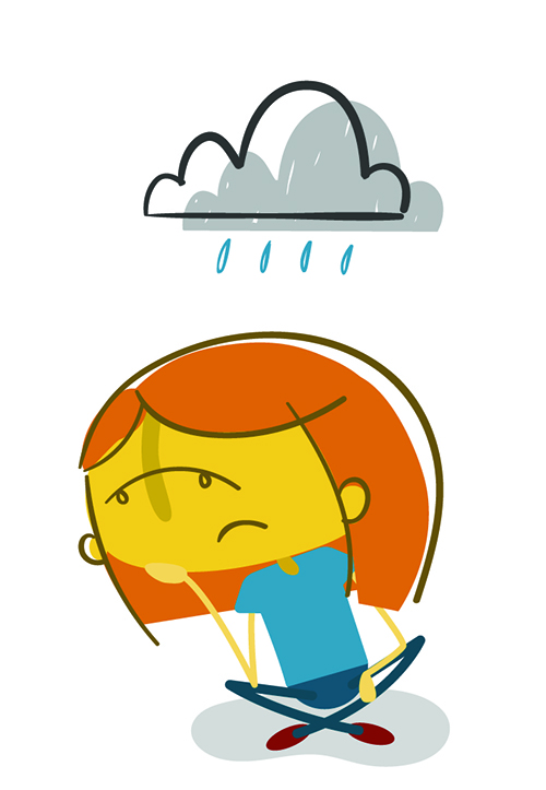 Sad character under a rain cloud