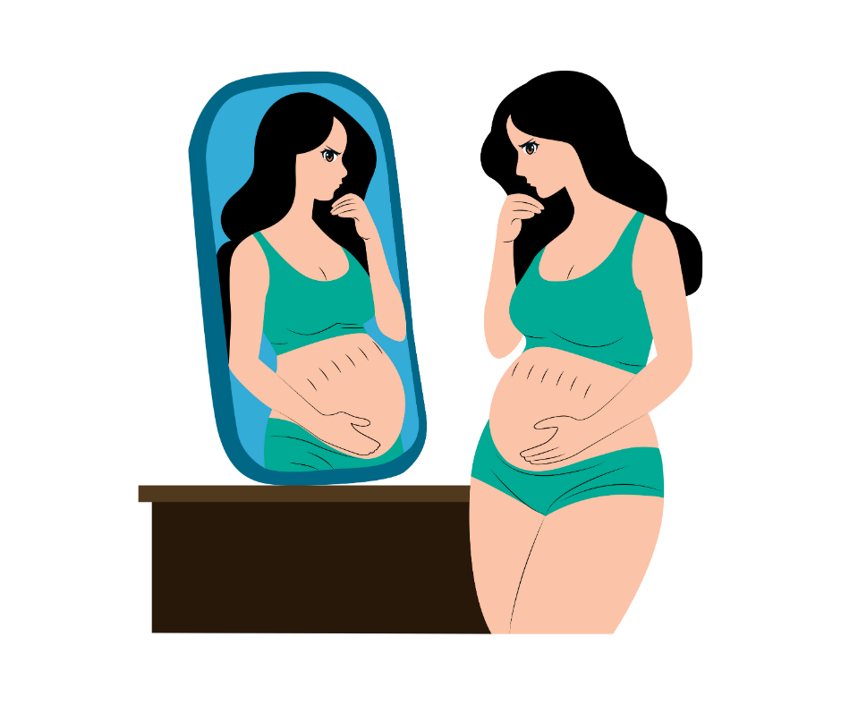 Woman looking at her post-pregnancy body in the mirror