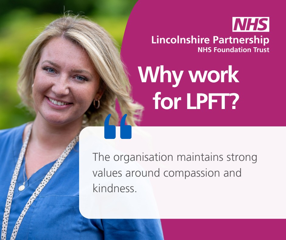 staff member smiling again pink background, with quote highlighting how LPFT is built around the values of compassion and kindness.