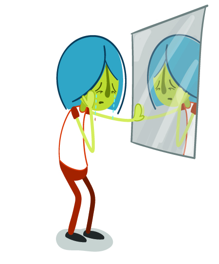 Character upset in front of a mirror
