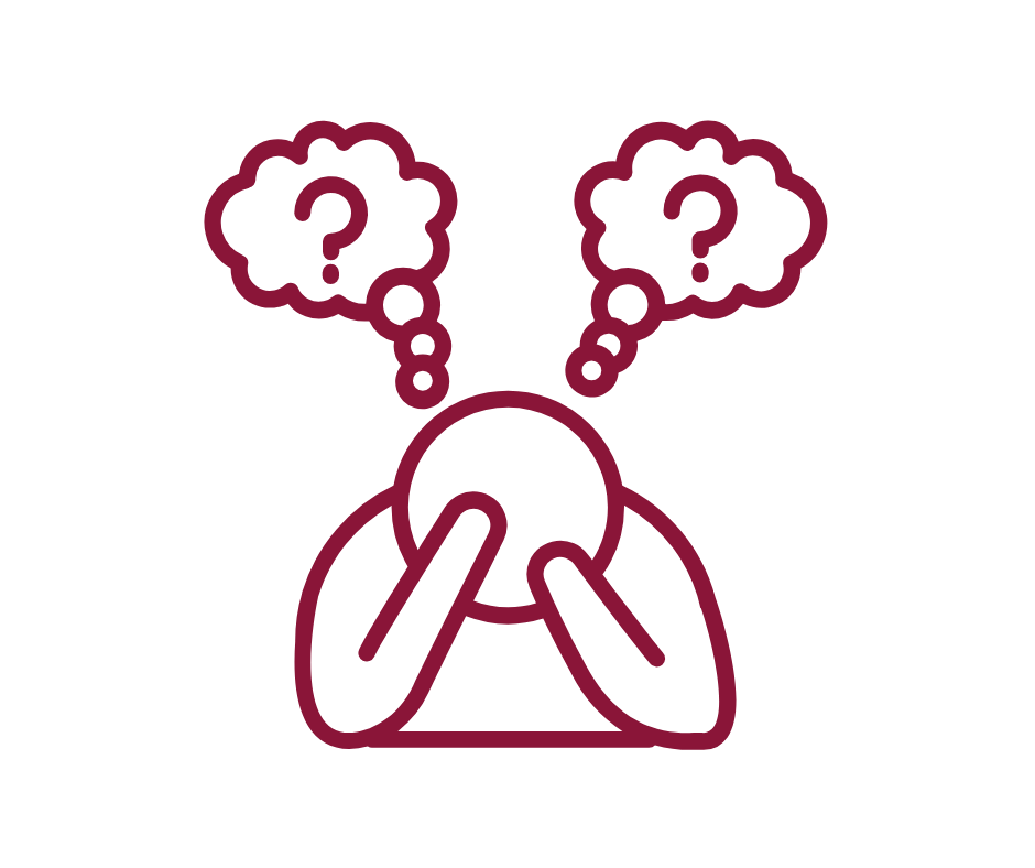 Person with head in their hands with questions in speech bubbles above head.