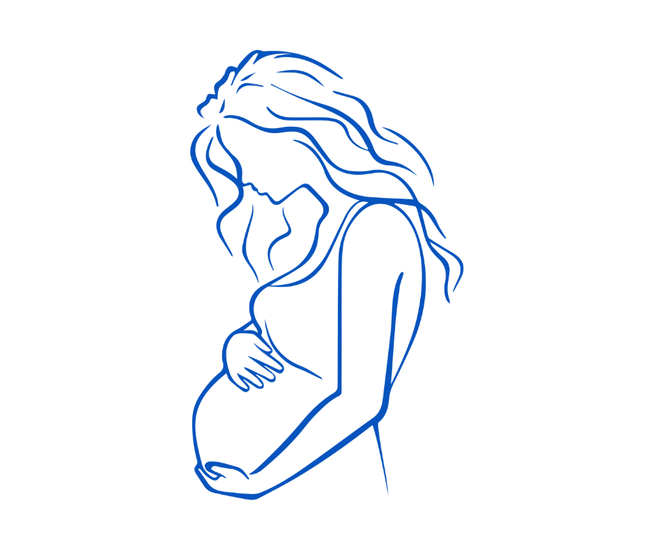 Line drawing of a woman holding her stomach