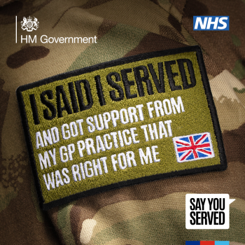 Embroidered badge on a camouflage uniform reading: I said I served and got support from my GP practice that was right for me